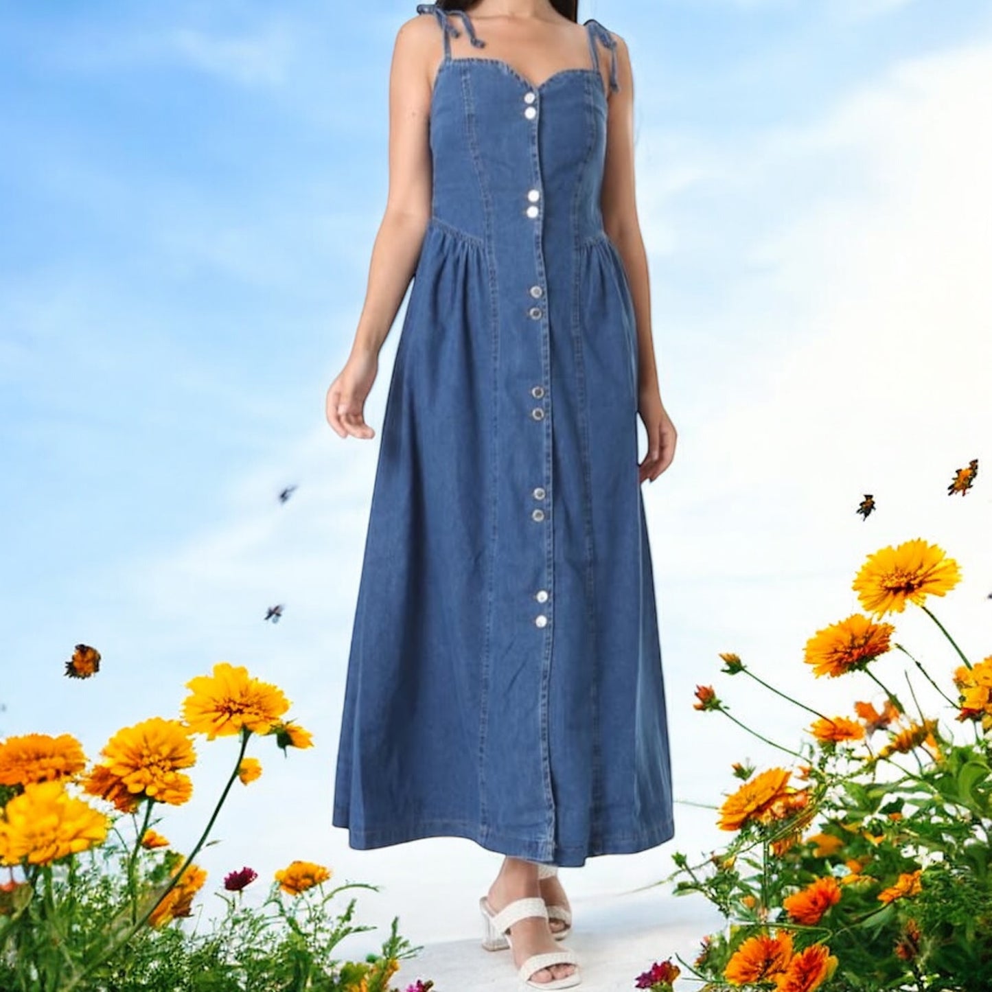 Denim Askılı Midi Elbise