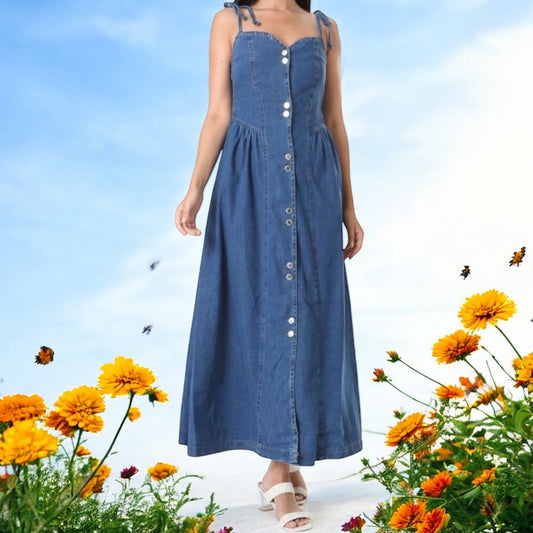 Denim Askılı Midi Elbise