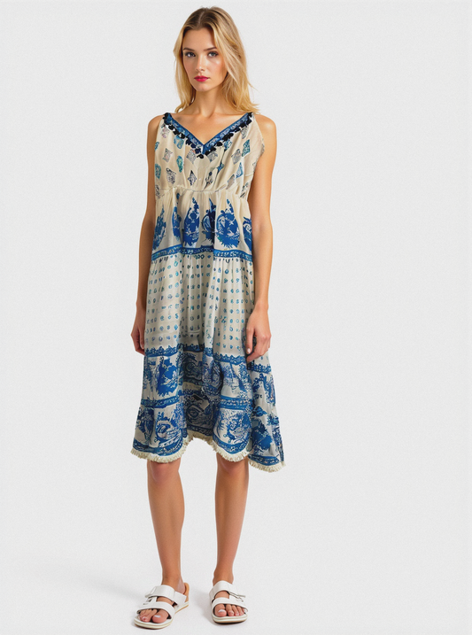 Blue Bohem Pamuklu Mini Elbise