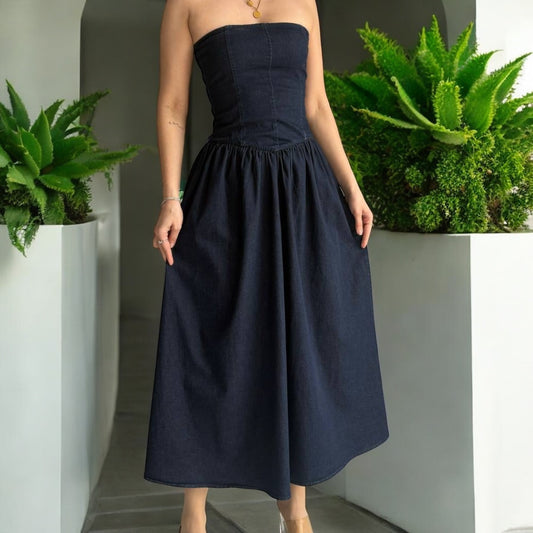 Denim Straplez Elbise